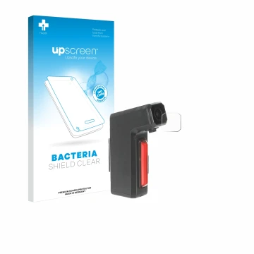 Parte frontal de un envase de producto con el logotipo de la marca upscreen. Al lado se muestra el dispositivo Tooo Cycling DV