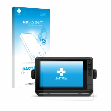 Parte frontal de un envase de producto con el logotipo de la marca upscreen. Al lado se muestra el dispositivo Garmin ECHOMAP 