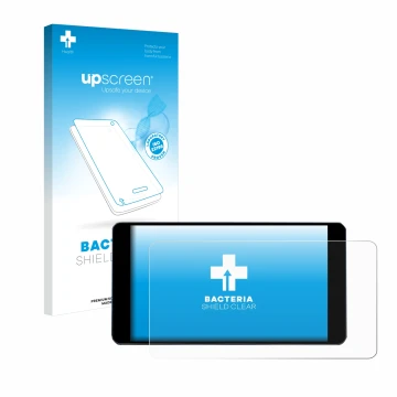 Parte frontal de un envase de producto con el logotipo de la marca upscreen. Al lado se muestra el dispositivo Zontes 350D con