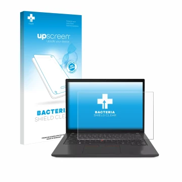 Parte frontal de un envase de producto con el logotipo de la marca upscreen. Al lado se muestra el dispositivo Lenovo ThinkPad