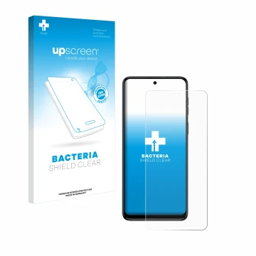 Parte frontal de un envase de producto con el logotipo de la marca upscreen. Al lado se muestra el dispositivo Motorola Moto G