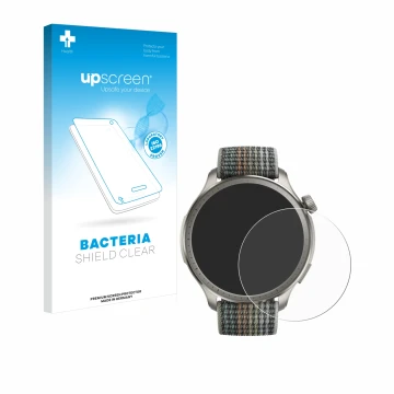 Parte frontal de un envase de producto con el logotipo de la marca upscreen. Al lado se muestra el dispositivo Huami Amazfit B
