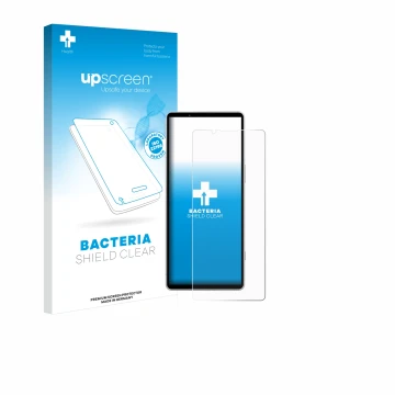Parte frontal de un envase de producto con el logotipo de la marca upscreen. Al lado se muestra el dispositivo Sony Xperia 5 V