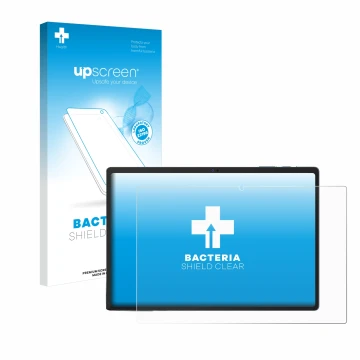 Parte frontal de un envase de producto con el logotipo de la marca upscreen. Al lado se muestra el dispositivo Oukitel OKT3 co