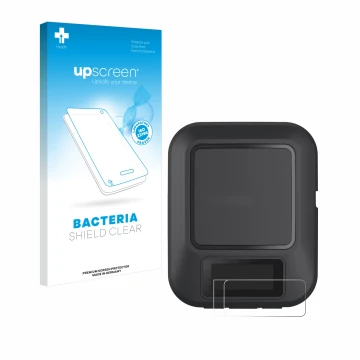 Parte frontal de un envase de producto con el logotipo de la marca upscreen. Al lado se muestra el dispositivo Garmin inReach 