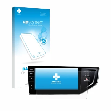 Parte frontal de un envase de producto con el logotipo de la marca upscreen. Al lado se muestra el dispositivo Volkswagen Polo