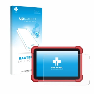 Parte frontal de un envase de producto con el logotipo de la marca upscreen. Al lado se muestra el dispositivo Launch X-431 Eu
