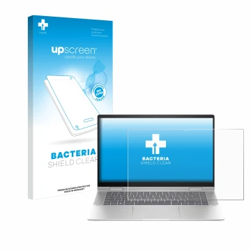 Parte frontal de un envase de producto con el logotipo de la marca upscreen. Al lado se muestra el dispositivo HP Envy x360 2-
