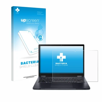 Parte frontal de un envase de producto con el logotipo de la marca upscreen. Al lado se muestra el dispositivo Acer TravelMate