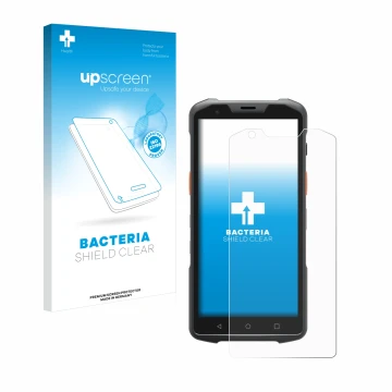 Parte frontal de un envase de producto con el logotipo de la marca upscreen. Al lado se muestra el dispositivo Sunmi L2H con s