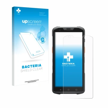 Parte frontal de un envase de producto con el logotipo de la marca upscreen. Al lado se muestra el dispositivo Sunmi L2s Pro c