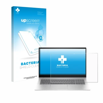 Parte frontal de un envase de producto con el logotipo de la marca upscreen. Al lado se muestra el dispositivo HP Envy 17-cw00