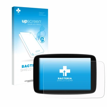 Parte frontal de un envase de producto con el logotipo de la marca upscreen. Al lado se muestra el dispositivo TomTom GO Super