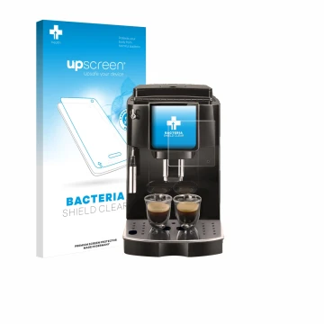 Parte frontal de un envase de producto con el logotipo de la marca upscreen. Al lado se muestra el dispositivo DeLonghi Magnif