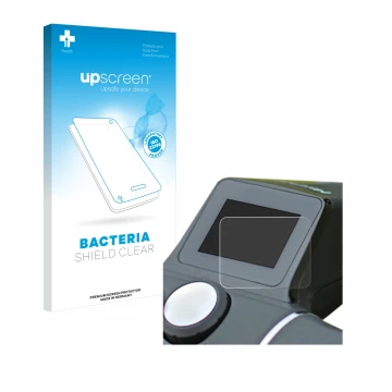 Parte frontal de un envase de producto con el logotipo de la marca upscreen. Al lado se muestra el dispositivo Motocaddy M7 Re