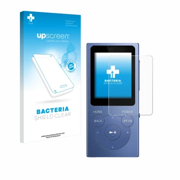 Parte frontal de un envase de producto con el logotipo de la marca upscreen. Al lado se muestra el dispositivo Sony Walkman NW