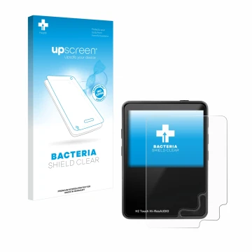 Parte frontal de un envase de producto con el logotipo de la marca upscreen. Al lado se muestra el dispositivo HifiWalker H2 t