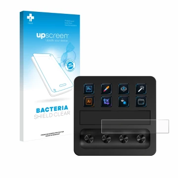 Parte frontal de un envase de producto con el logotipo de la marca upscreen. Al lado se muestra el dispositivo Elgato Stream D