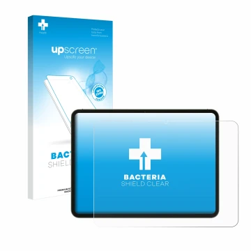 Parte frontal de un envase de producto con el logotipo de la marca upscreen. Al lado se muestra el dispositivo OnePlus Pad Go 