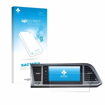 Parte frontal de un envase de producto con el logotipo de la marca upscreen. Al lado se muestra el dispositivo Seat Ateca Styl