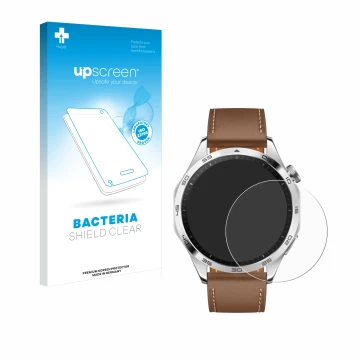 Parte frontal de un envase de producto con el logotipo de la marca upscreen. Al lado se muestra el dispositivo Huawei Watch GT