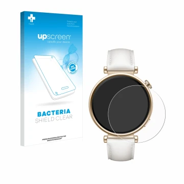 Parte frontal de un envase de producto con el logotipo de la marca upscreen. Al lado se muestra el dispositivo Huawei Watch GT