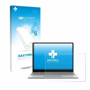 Parte frontal de un envase de producto con el logotipo de la marca upscreen. Al lado se muestra el dispositivo Microsoft Surfa