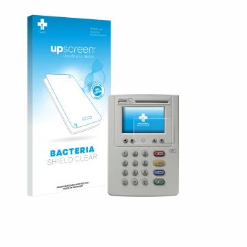 Parte frontal de un envase de producto con el logotipo de la marca upscreen. Al lado se muestra el dispositivo ingenico eHealt