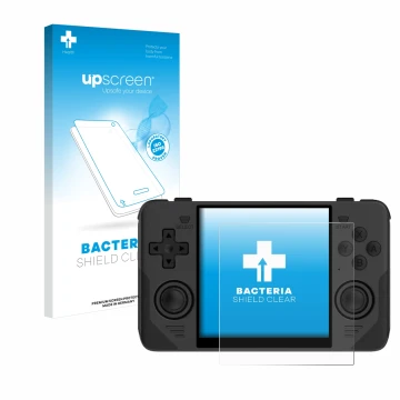 Parte frontal de un envase de producto con el logotipo de la marca upscreen. Al lado se muestra el dispositivo Powkiddy RGB30 