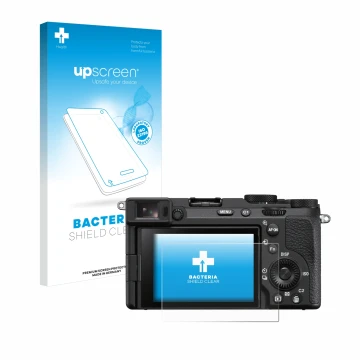 Parte frontal de un envase de producto con el logotipo de la marca upscreen. Al lado se muestra el dispositivo Sony Alpha 7CR 