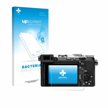 Parte frontal de un envase de producto con el logotipo de la marca upscreen. Al lado se muestra el dispositivo Sony Alpha 7C I