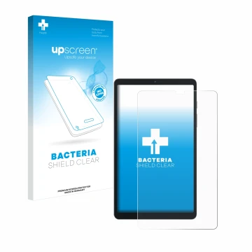 Parte frontal de un envase de producto con el logotipo de la marca upscreen. Al lado se muestra el dispositivo Blackview Tab 6