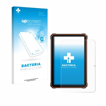 Parte frontal de un envase de producto con el logotipo de la marca upscreen. Al lado se muestra el dispositivo Blackview Activ