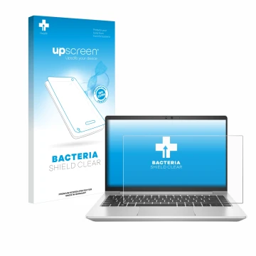 Parte frontal de un envase de producto con el logotipo de la marca upscreen. Al lado se muestra el dispositivo HP EliteBook 64