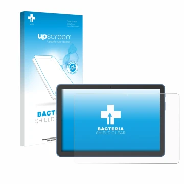 Parte frontal de un envase de producto con el logotipo de la marca upscreen. Al lado se muestra el dispositivo Amazon Fire HD 