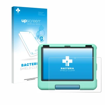 Parte frontal de un envase de producto con el logotipo de la marca upscreen. Al lado se muestra el dispositivo Amazon Fire HD 