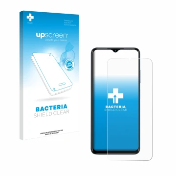 Parte frontal de un envase de producto con el logotipo de la marca upscreen. Al lado se muestra el dispositivo Infinix Hot 30i