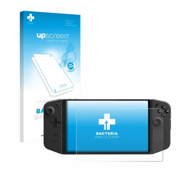 Parte frontal de un envase de producto con el logotipo de la marca upscreen. Al lado se muestra el dispositivo Lenovo Legion G