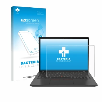 Parte frontal de un envase de producto con el logotipo de la marca upscreen. Al lado se muestra el dispositivo Lenovo ThinkPad