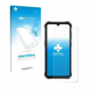 Parte frontal de un envase de producto con el logotipo de la marca upscreen. Al lado se muestra el dispositivo Blackview BV530