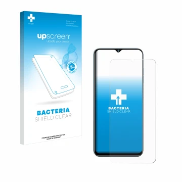 Parte frontal de un envase de producto con el logotipo de la marca upscreen. Al lado se muestra el dispositivo Oukitel C36 (20