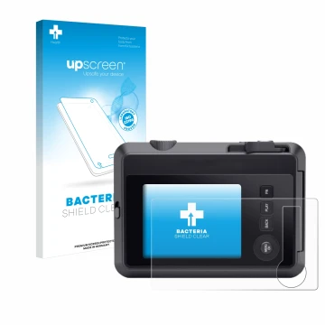 Parte frontal de un envase de producto con el logotipo de la marca upscreen. Al lado se muestra el dispositivo Leica SOFORT 2 