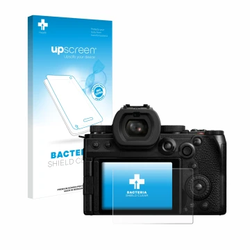 Parte frontal de un envase de producto con el logotipo de la marca upscreen. Al lado se muestra el dispositivo Panasonic Lumix