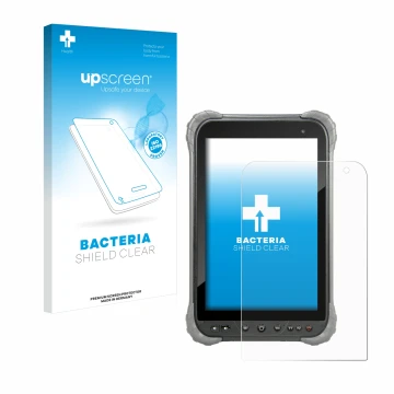 Parte frontal de un envase de producto con el logotipo de la marca upscreen. Al lado se muestra el dispositivo Juniper Systems