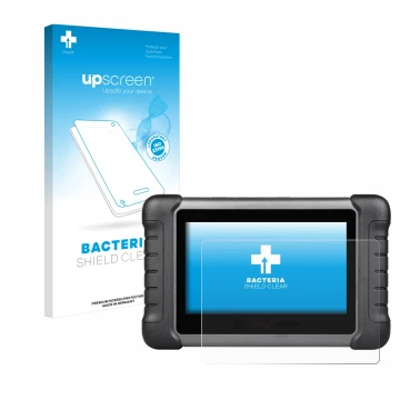 Parte frontal de un envase de producto con el logotipo de la marca upscreen. Al lado se muestra el dispositivo Autel MaxiCheck