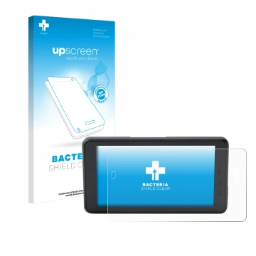 Parte frontal de un envase de producto con el logotipo de la marca upscreen. Al lado se muestra el dispositivo BMW ConnectedRi