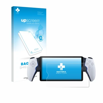 Parte frontal de un envase de producto con el logotipo de la marca upscreen. Al lado se muestra el dispositivo Sony Playstatio