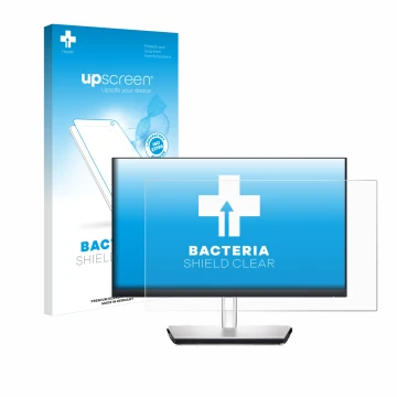 Parte frontal de un envase de producto con el logotipo de la marca upscreen. Al lado se muestra el dispositivo Dell P2424HT co