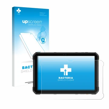 Parte frontal de un envase de producto con el logotipo de la marca upscreen. Al lado se muestra el dispositivo Ulefone Armor P