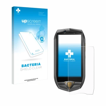 Parte frontal de un envase de producto con el logotipo de la marca upscreen. Al lado se muestra el dispositivo Oukitel K16 con